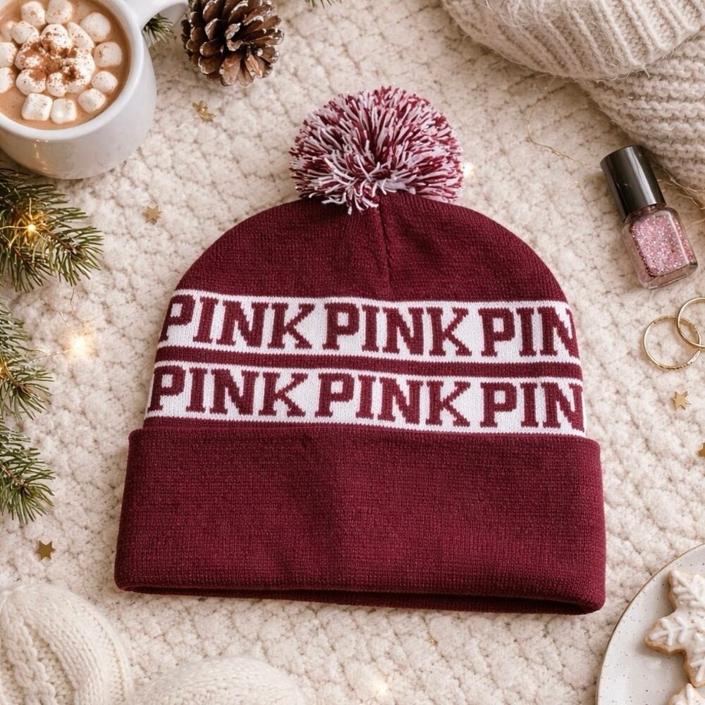 VS Pink Maroon White Pom Pom Beanie